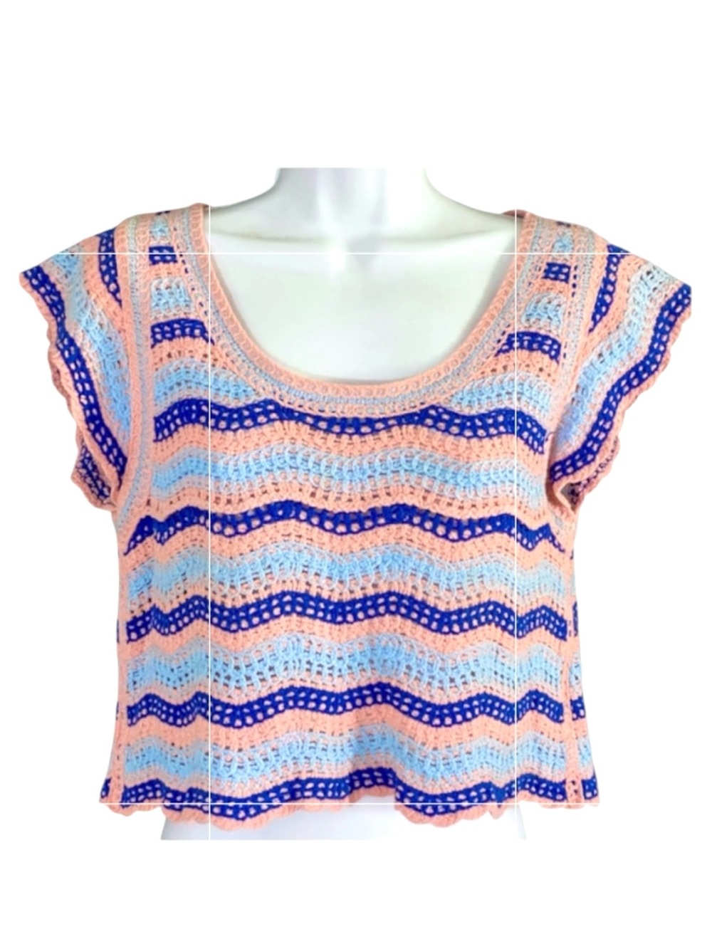Rebellion Crochet Beachy Crop Top Flutter Sleeves Striped Size Medium Boho